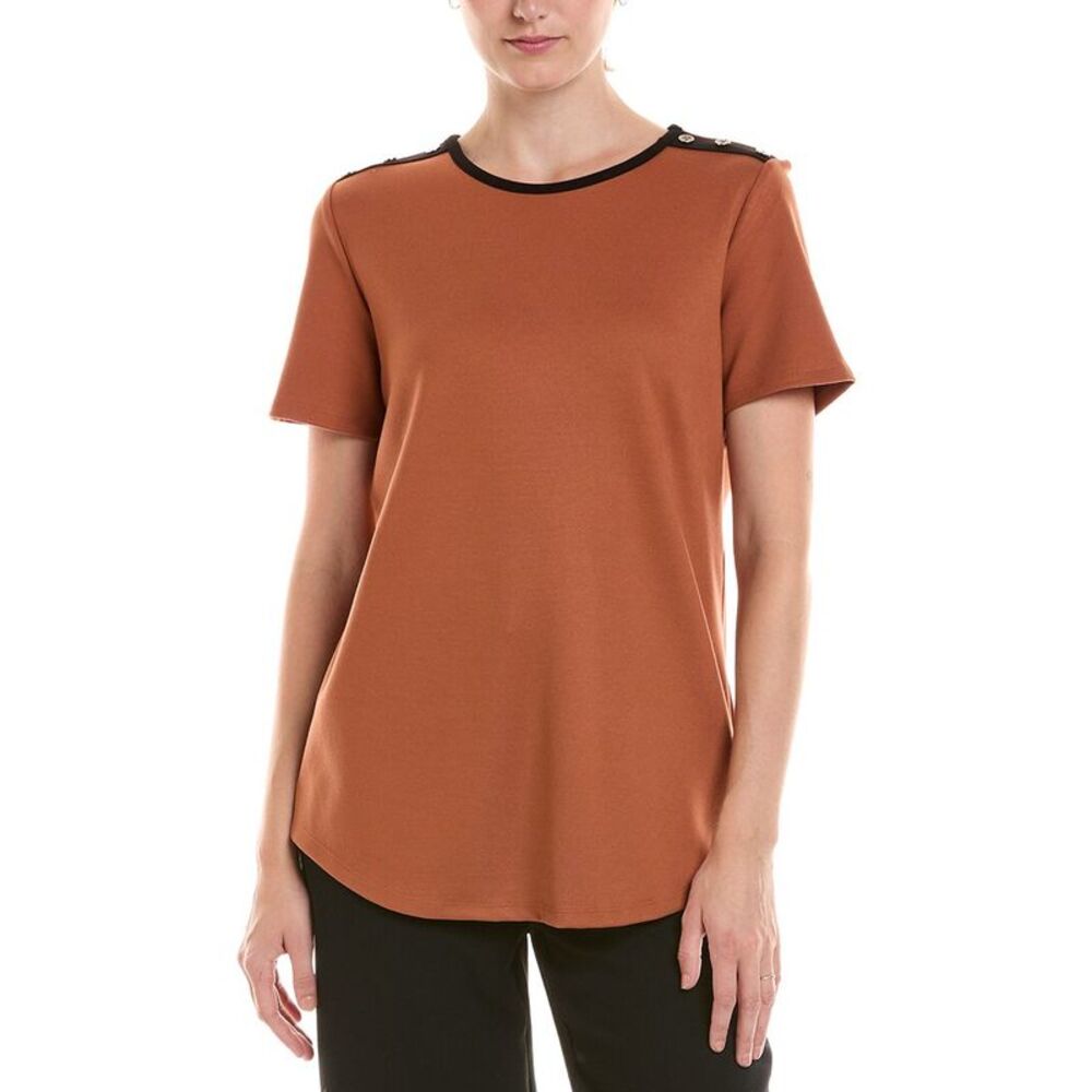 Jones New York Womens Colorblock Button Shoulder T-Shirt, Black